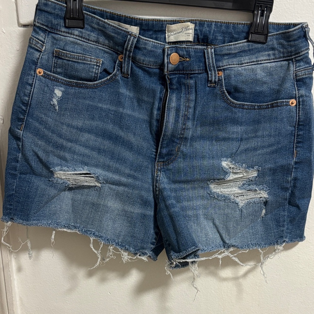 Frayed Mid-Rise Blue Denim Jean Shorts